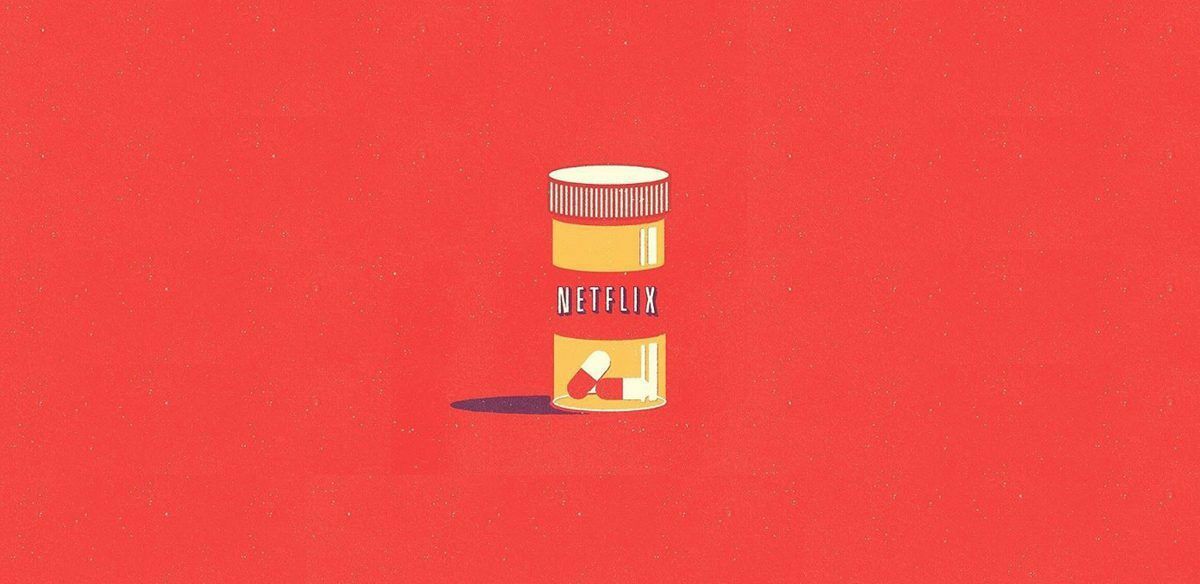 Cocktail de Marcas ilustrado por Mike Stefanini: Caixa de Comprimidos com o Logo da Netflix