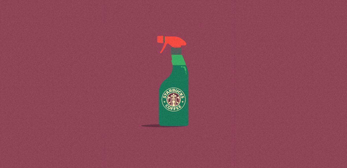 Cocktail de Marcas Ilustrado por Mike Stefanini: Garrafa de Spray de Limpeza com o Logótipo de Starbucks